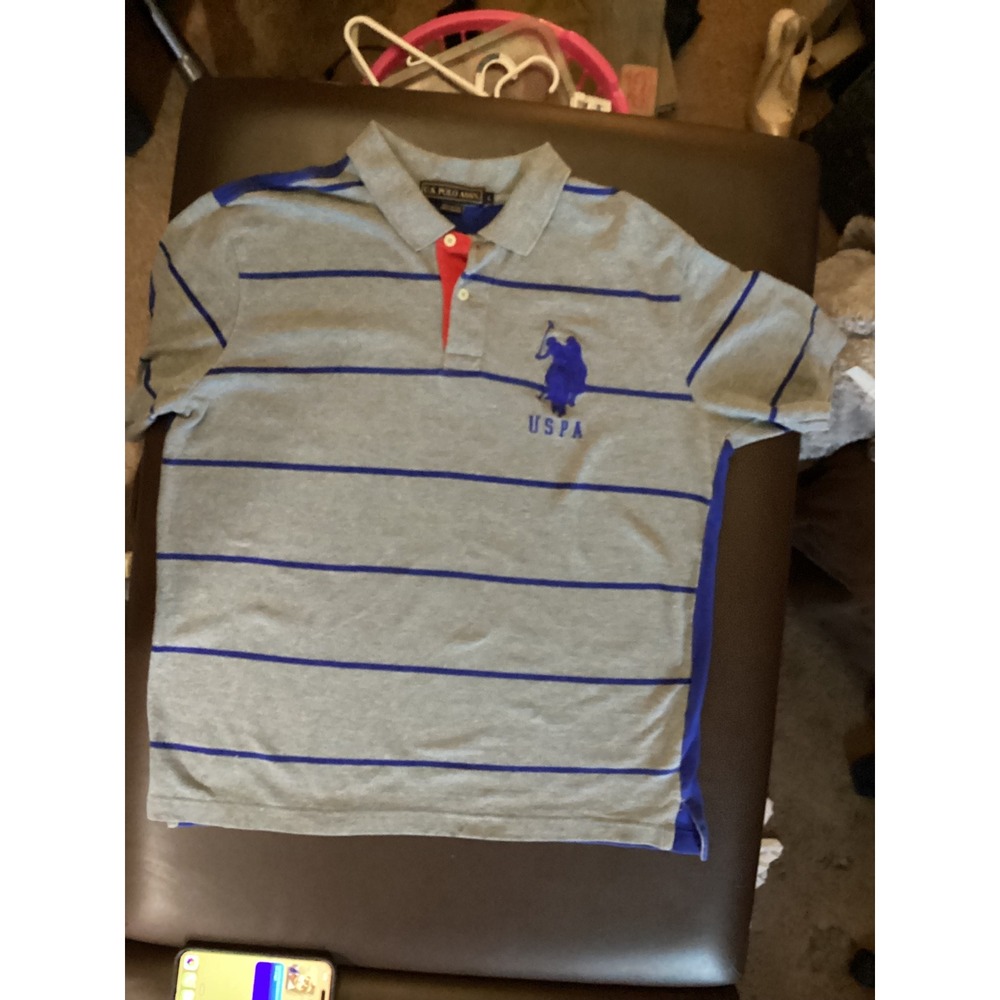 US Polo Assn Mens Large Grey Blue Striped Short Sleeve Pique Polo Shirt Logo L